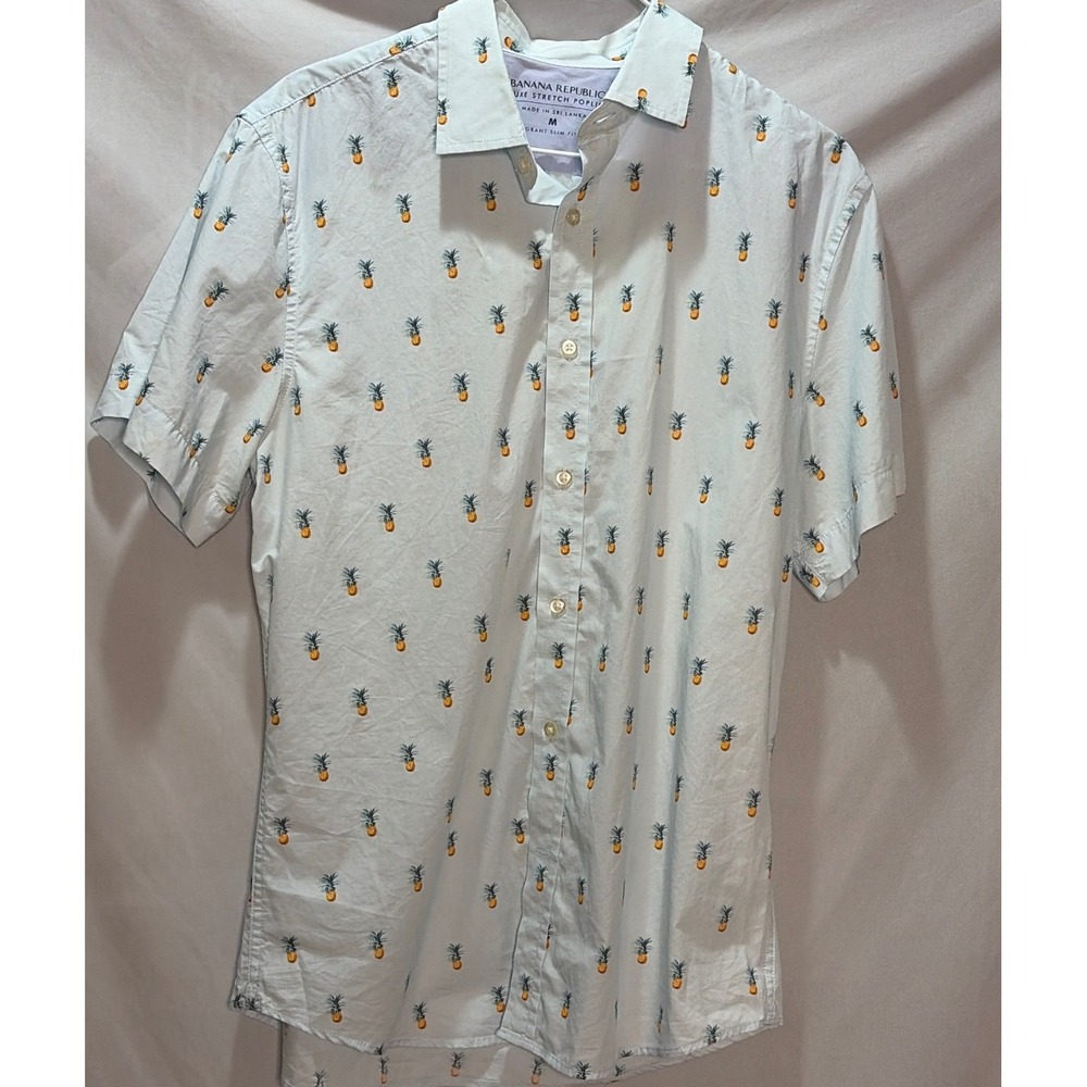 Banana Republic Mens Grant Slim Fit Pineapple Print Luxe Stretch Poplin Shirt M